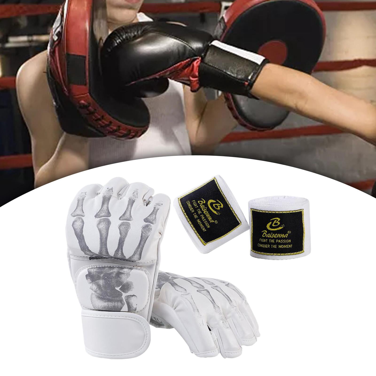 harayaa Boxing Gloves Protective Gear Open Palm MMA Half Mitts Lightweight Breathable PU White Skeleton