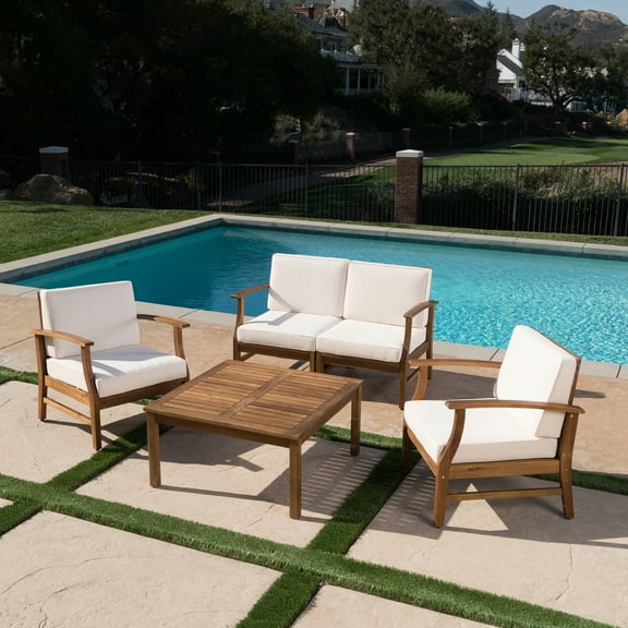 Outdoor 4 Seater Finished Acacia Wood Chat Set with Cushions,Teak,Cream