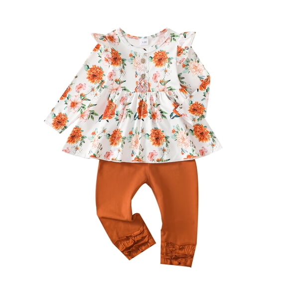 KIMI BEAR Infant Baby Girls Pant Sets Fall Flying Long Sleeves Floral Tops Flower Pants 2pcs Outfits Baby Girls Clothing Sets Yellow 12-18 Months