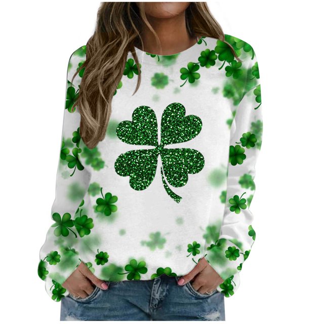 Plebaso Chandail en Molleton de la Saint-Patrick pour Femmes Imprimé Trèfle Col Rond Manches Longues Chandail P-5TG