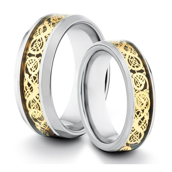 TungstenMasters Roberto Ferrini Design HIS & HERS 8MM/6MM Tungsten Carbide Polished Gold Asian Dragon Inlay Design Comfort Fit Wedding Band TWO RING SET (Available Sizes 4 - 14 Including Half Sizes)