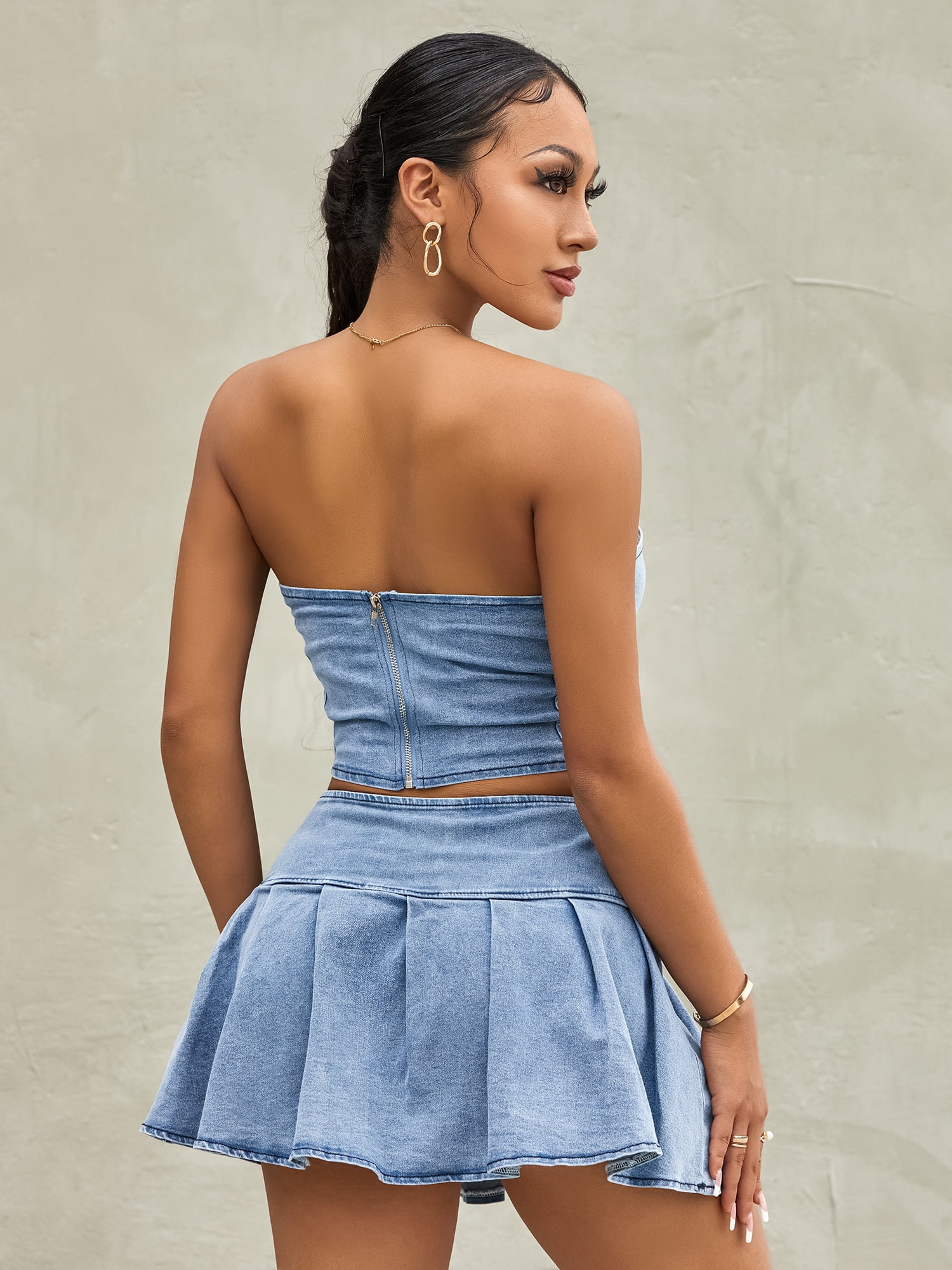 Coduop Women's Mini Denim Crop Top Skirt Set - Bandeau Tube Coduop Women's Mini Denim Crop Top Skirt Set - Bandeau Tube