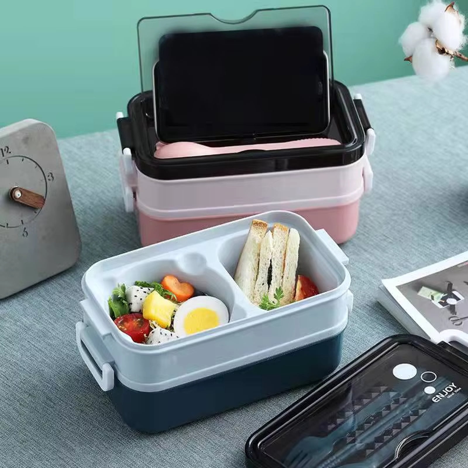 Food Grade Bento Box with Utensils - Double Layer Plastic Lunch Container Microwave Safe, Portable for Office Car Travel - Green