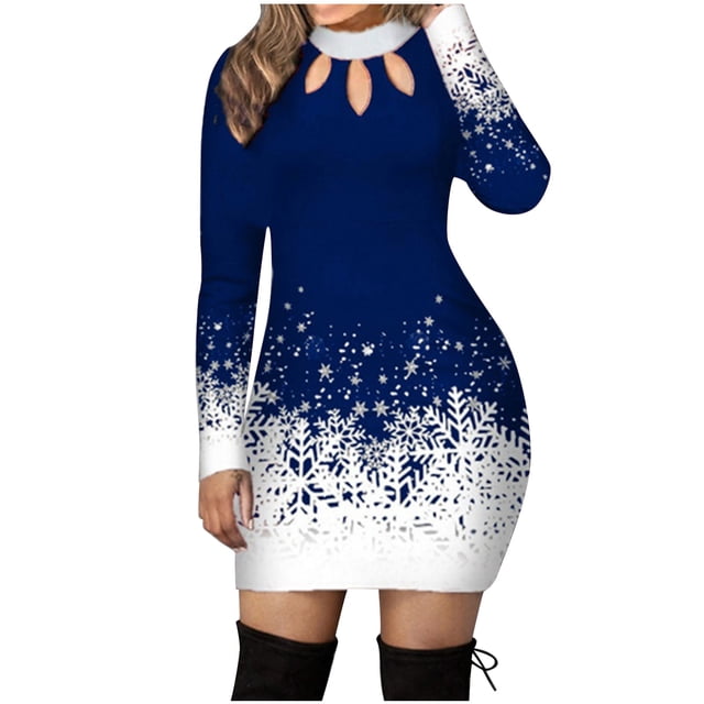DPTALR Robe Maxi Décontractée pour Femmes de Noël Neige Aguichant Douce à Col Rond à Manches Longues à Dos Nu Teinture sur Nœuds à Blocs de Couleur Imprimée