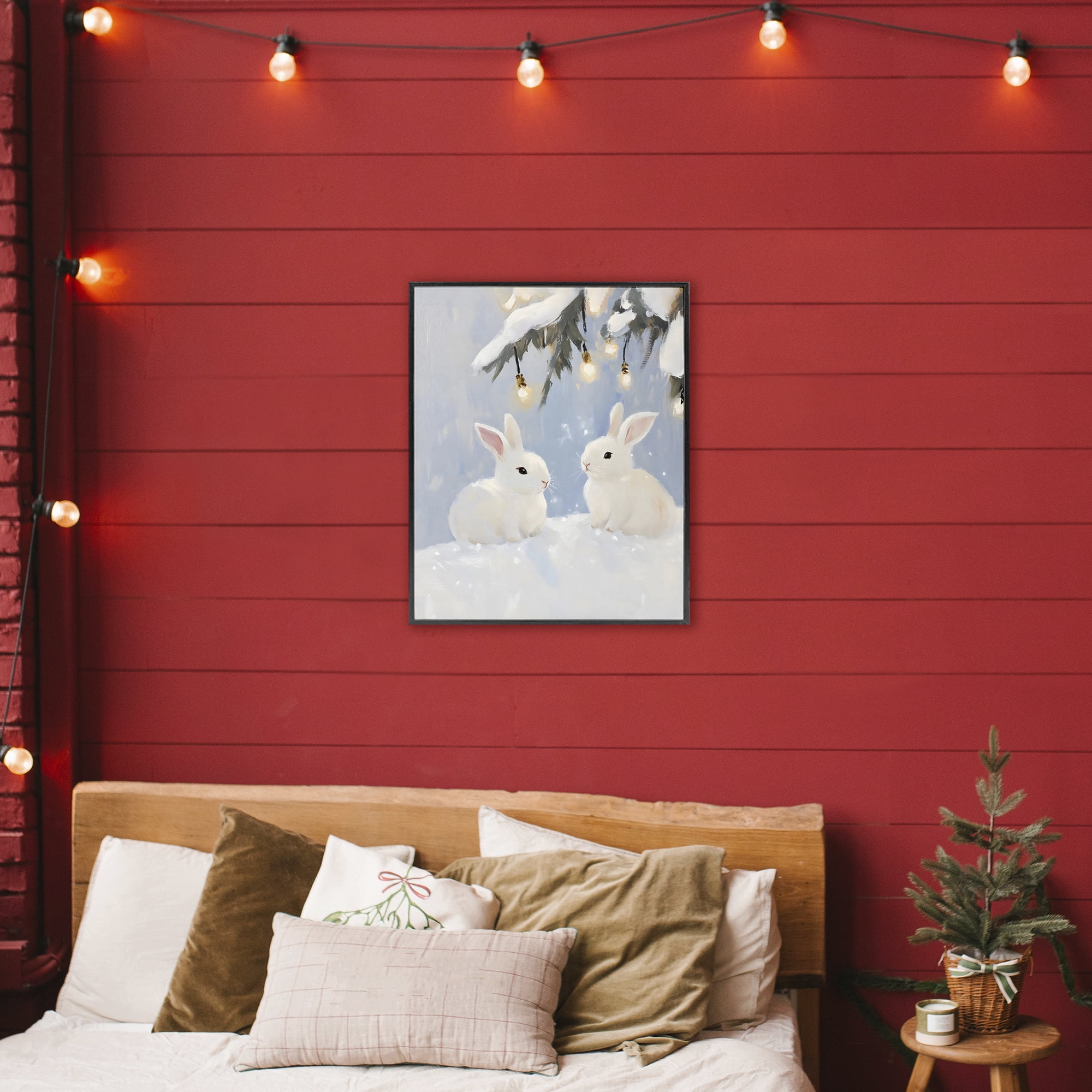 Stupell Industries Winter Bunnies Under Twinkling Lights Black Framed Giclee Art, design by The Prints Vibe