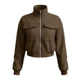 thumbnail image 4 of aohooy Cargo Bomber Jacket Women Cropped Oversized Fall Coat Full Zip Up Stand Collar Long Sleeve Lightweight Jackets with Pocket Brown,XXL, 4 of 7