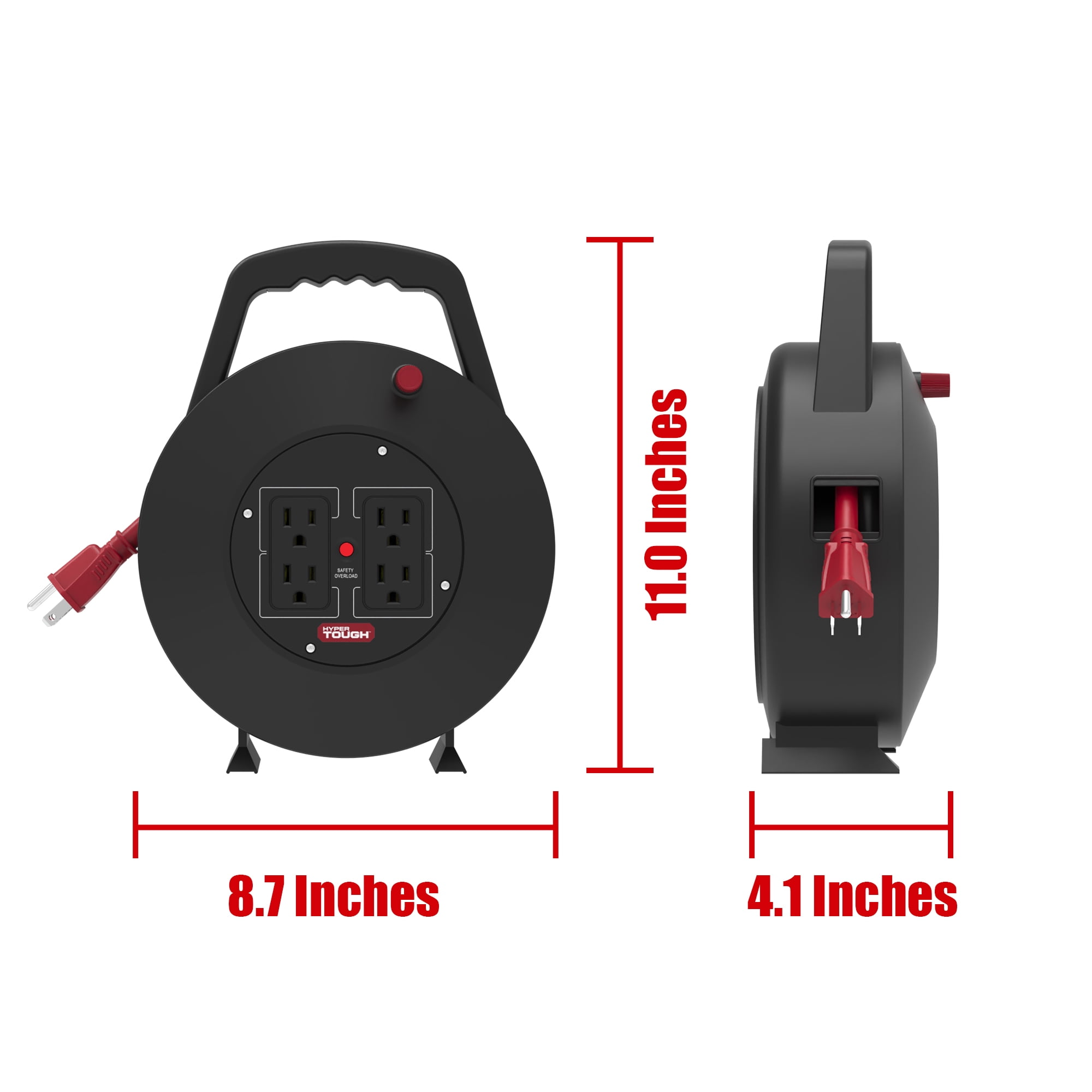 Hyper Tough Extension Cord Reel with 4 Outlets, 25 Foot, Black/Red, 1 Piece