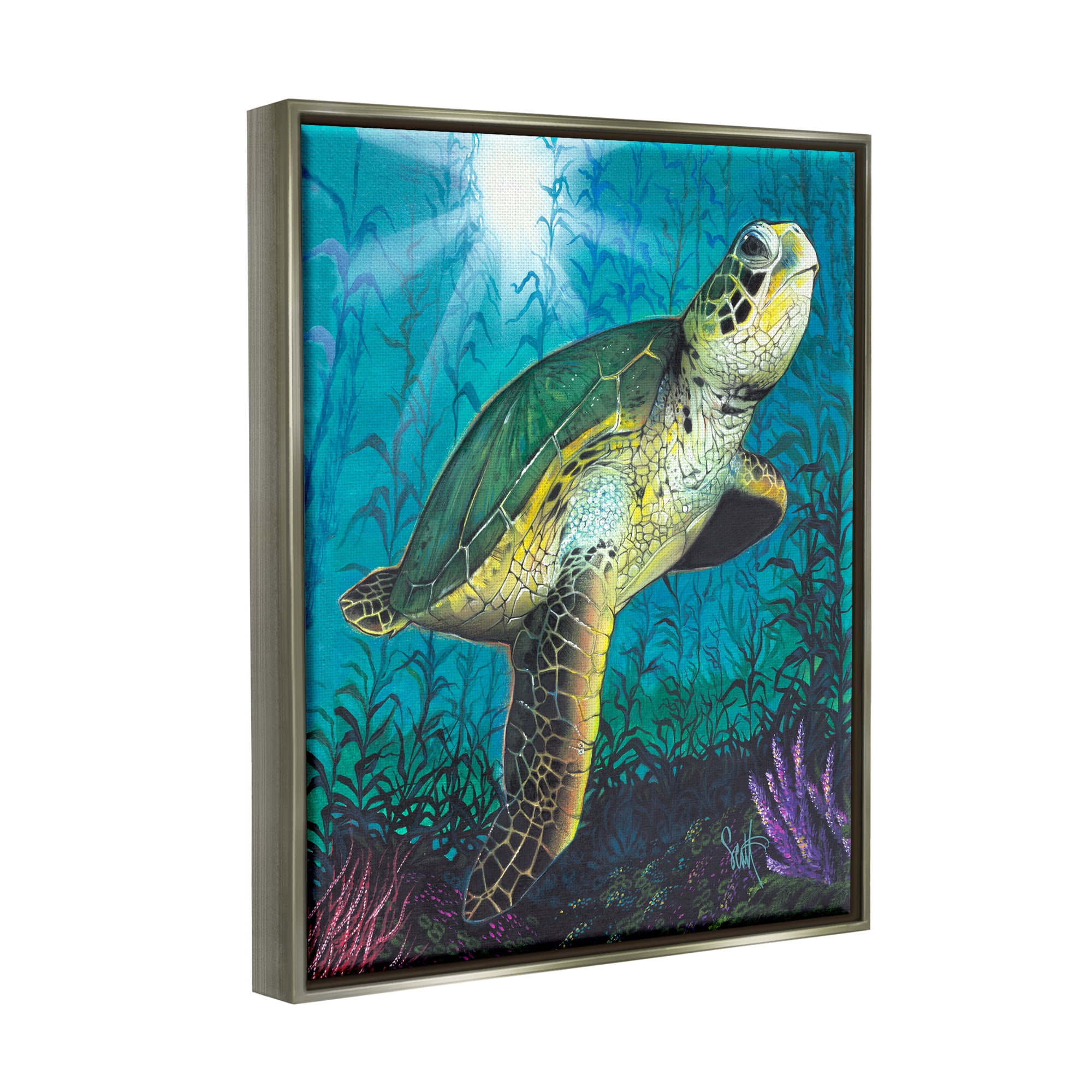Stupell Industries Turtle Underwater Reef Animals & Insects Painting Gray Floater Framed Art Print Wall Art, 17 x 21