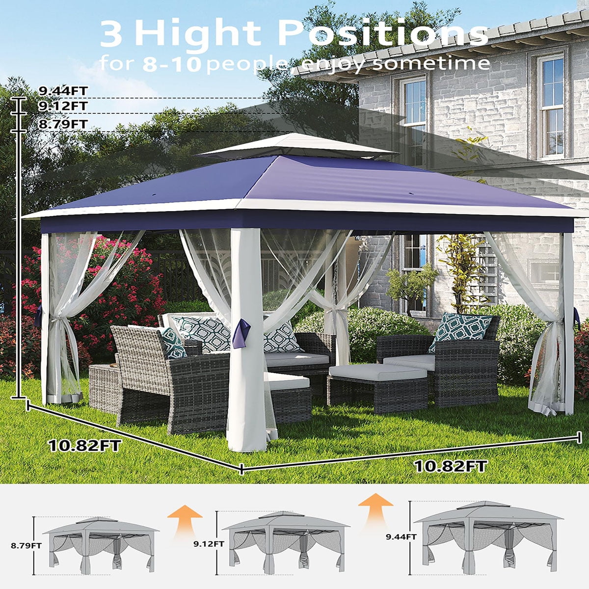 Ataucjin 11x11 FT Outdoor Gazebo, Heavy Duty Pavilion with Sturdy Metal Frame & Double Roofs, Patio Shelter with Mosquito Netting, Ideal for Backyard, Garden, Lawn, Deck