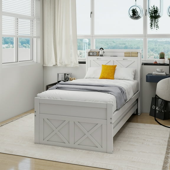 Twin Size Wooden Bed with Storage Headboard with Outlets, Extendable Bed with Twin Size Trundle with Three Storage Drawers,White