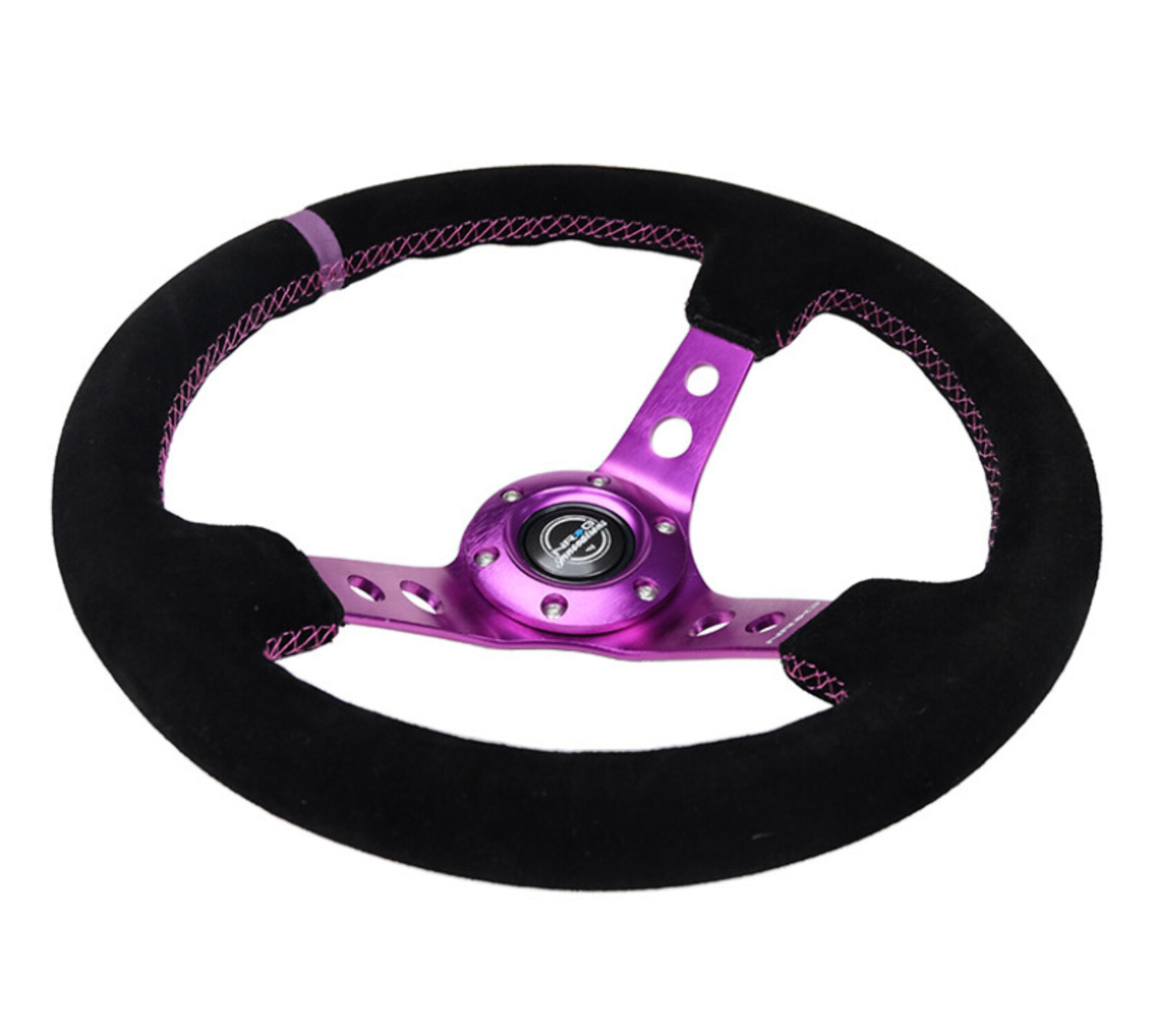 NRG Reinforced Steering Wheel (350mm / 3in. Deep) Black Suede w/Purple Center Purple Stitching