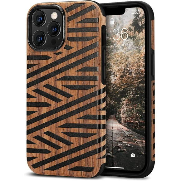 Tasikar Case Compatible with iPhone 13 Pro Max Case, Wood Grain with Leather Design Hybrid Protective Phone Case Cover