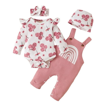 

Newborn Baby Girl Clothes Infant Girls Outfits Ruffle Sleeve Romper Bodysuit Suspender Trousers Headband Hat Set