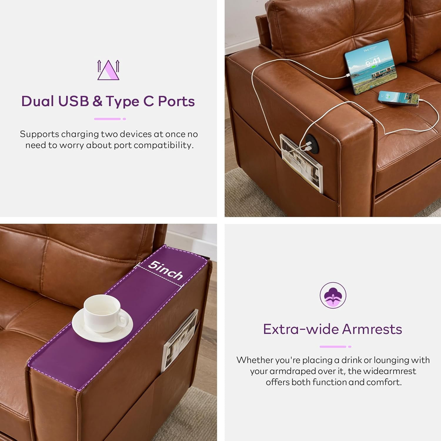AODAILIHB 65" W Faux Leather Loveseat Sofa, Modern Tufted Comfy Office Small Couch w/USB Charging Ports and Wide Arms, Brown