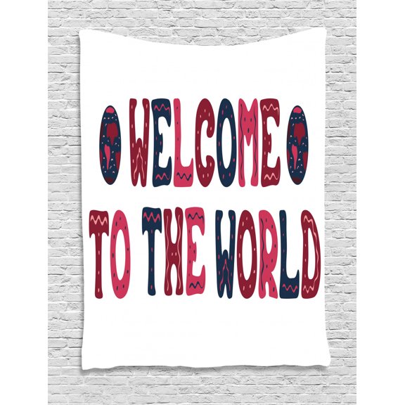 Welcome Tapestry, Welcome to the World Hand-drawn Letters with Dots and Curls Globes, Wall Hanging for Bedroom Living Room Dorm Decor, 60W X 80L Inches, Dark Blue Maroon, by Ambesonne