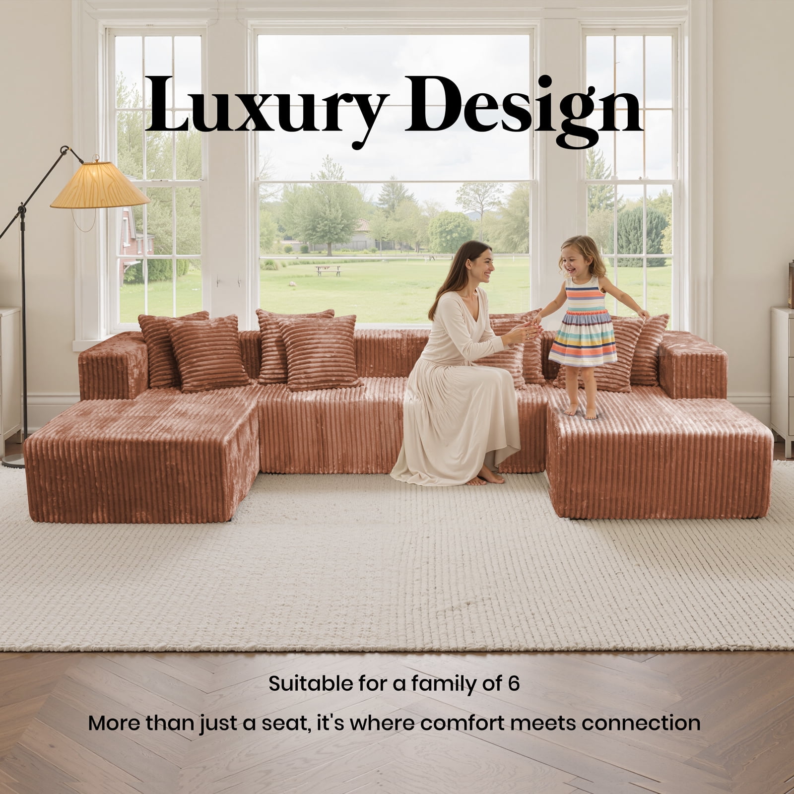 Kelyda 130'' U Shaped Sectional Couches, Modern Deep Seat Foam Boneless Cloud Sofa for Living Room Brown