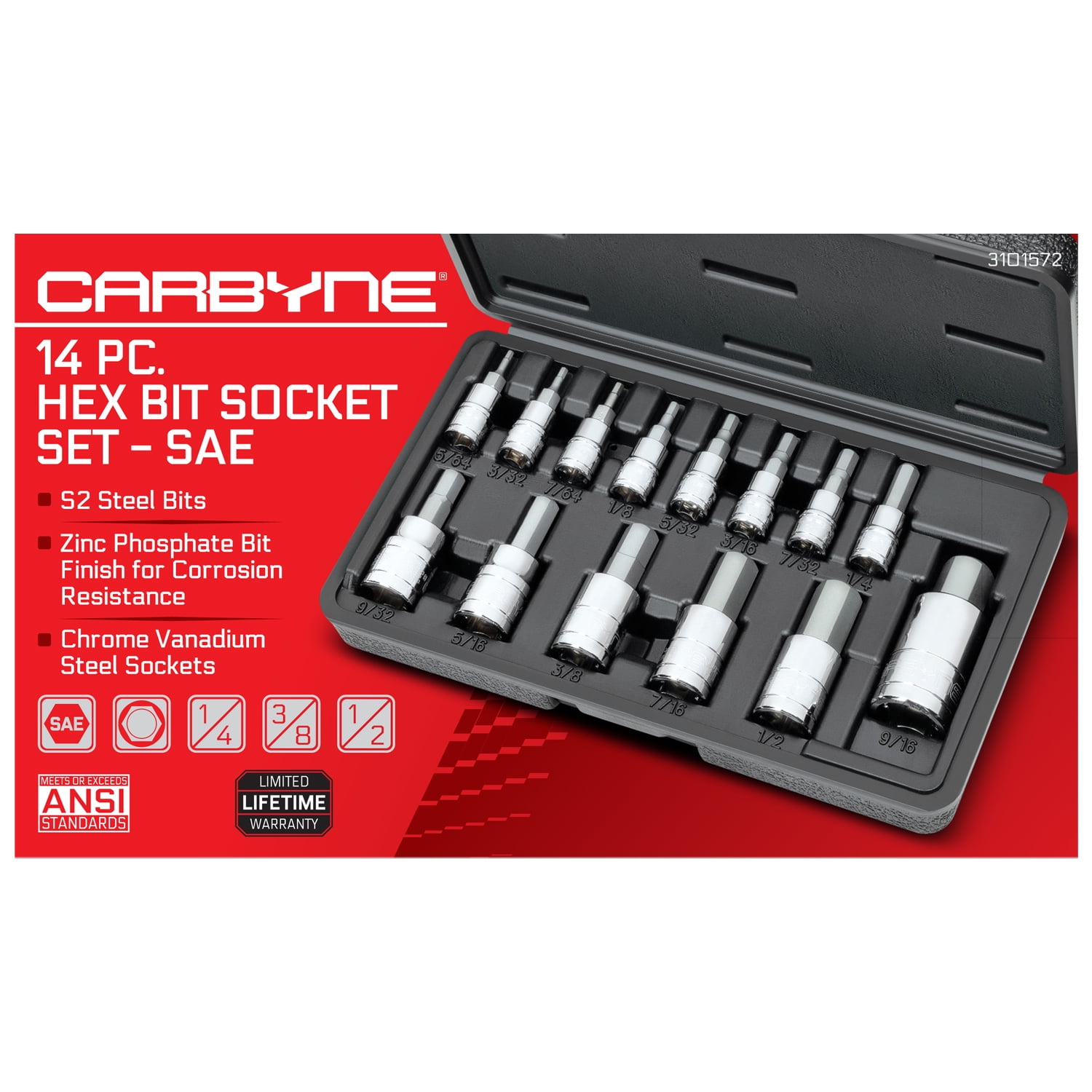 Carbyne 14-Piece SAE Hex (Allen) Bit Socket Set, 5/64 in. to 1/2 in., S2 Steel Bits, CrV Sockets, 1/4 in. 3/8 in. 1/2 in. Drive, Zinc Phosphate
