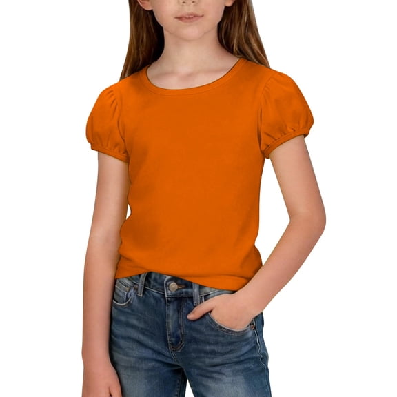 CPNG Girls Summer Short Sleeve T Shirt Little Girls Pure Cotton Solid Color Puff Sleeve Crewneck Soft Tops T-Shirts(Orange,5-6 Years)