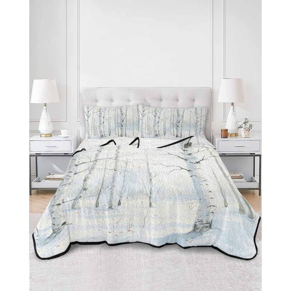 Quilts Twin XL Size, Christmas Tree Soft Comforter Bedding Set for Bed, White Xmas Snowflake Watercolor Lightweight Quilted Bedspread with Pillow Cover(2 Pieces) for All Season, 68x98 Inch