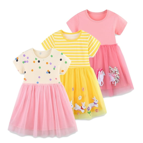 Emy Dola Toddler Girls Cotton Short Sleeve Turu Dress Princess Casual Cartoon Appliques Polka Dot Jersey Dresses Summer Tulle Sundress