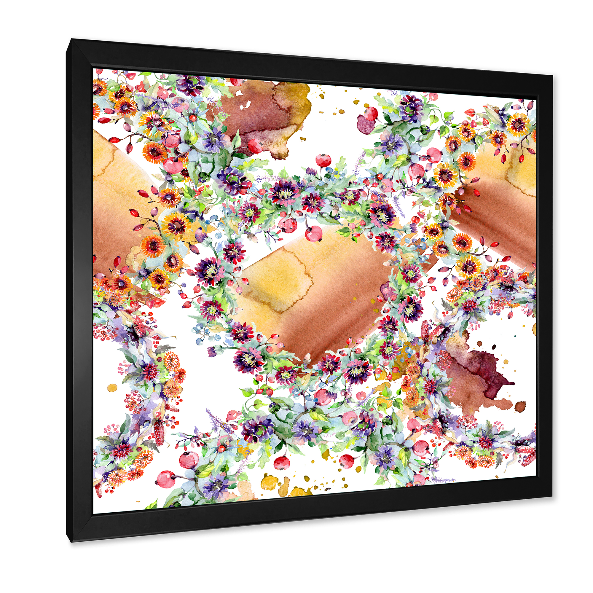 Vibrant Wild Spring Leaves, Berries and Wildflowers 16 in x 16 in Framed Painting Canvas Art Print, by Designart