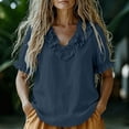 thumbnail image 4 of Yrmaups Loose Fit Short Sleeve T Shirt for Women, Casual V Neck Ruffle Blouse, Soft Stretch Everyday Tee for Beach Travel Office Daily Wear, Navy M, 4 of 9