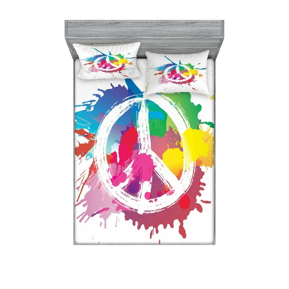 Ambesonne Colorful Fitted Sheet & Pillow Sham Set, Grunge Pacifism Theme, Queen, Multicolor