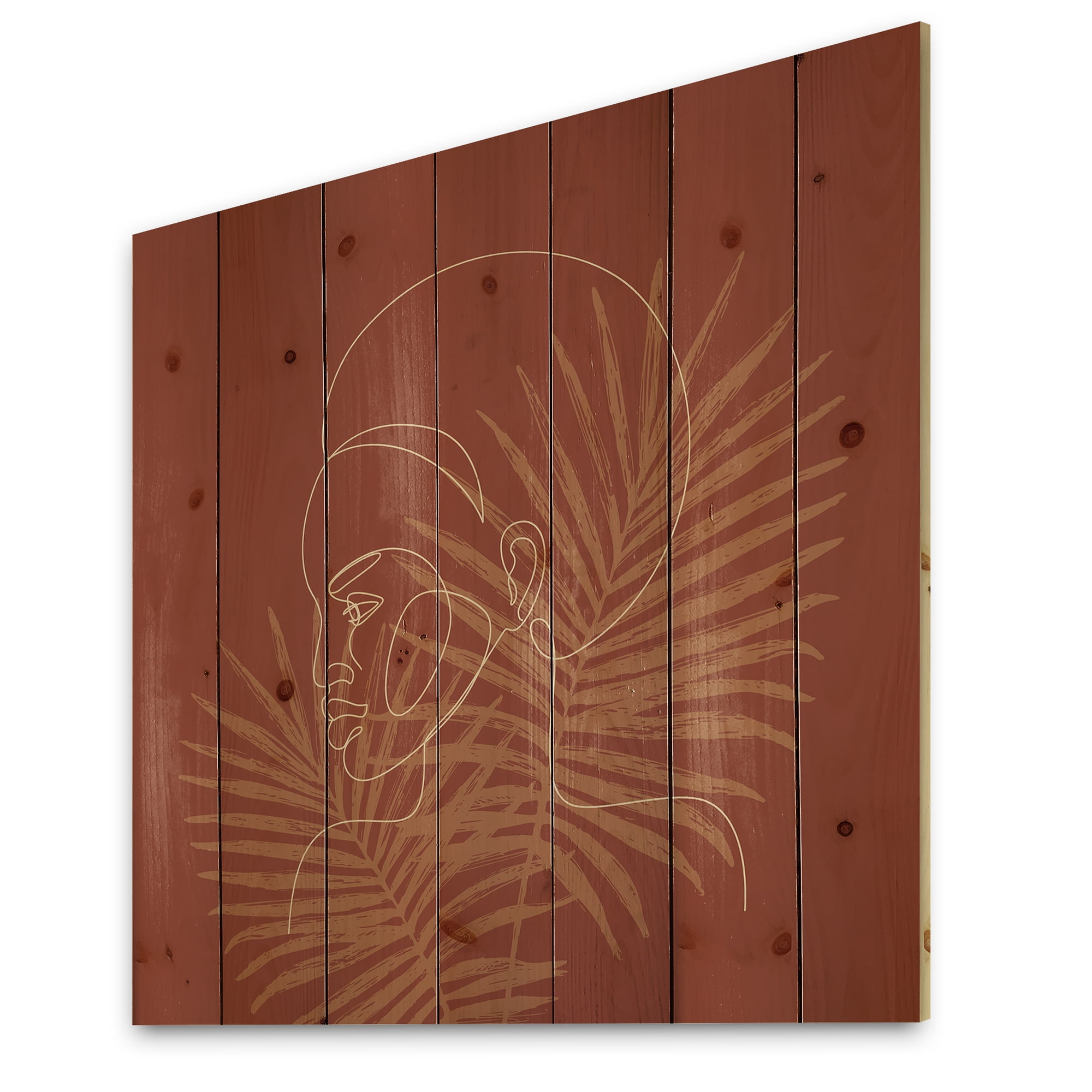 Designart 'Sillhouette of Afro American Woman on Palm Leaves' Modern Print on Natural Pine Wood