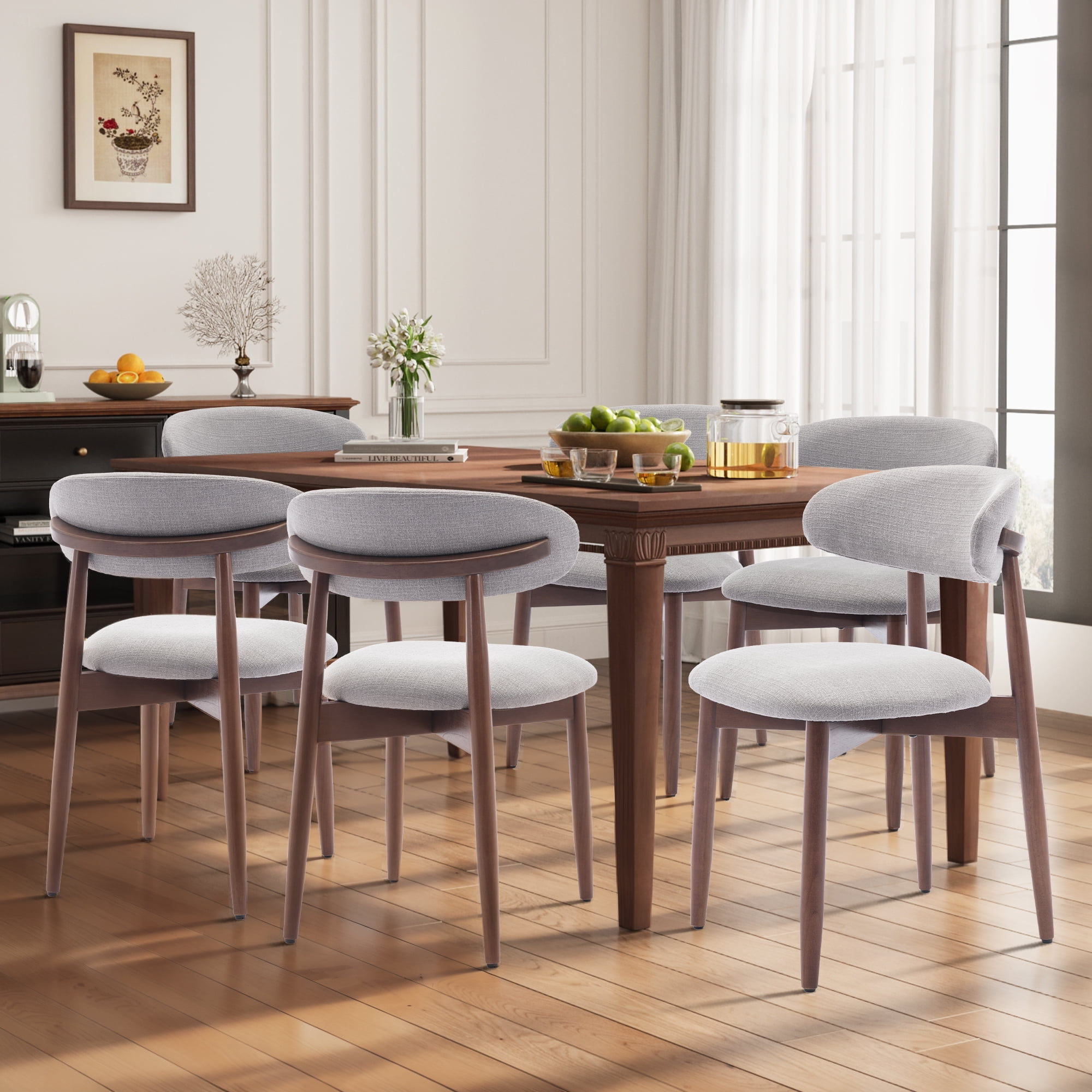 Set of 6 Upholstered Modern Dining Chair, Wooden Kitchen Side Chair for Dining Room and Café, Lightgrey