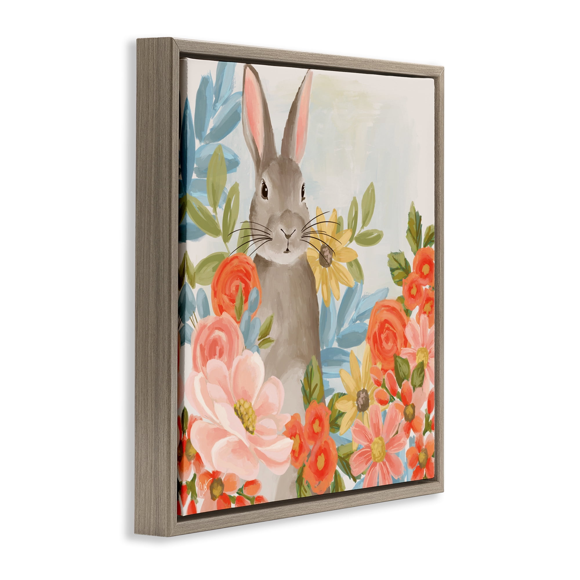 Stupell Industries Bunny Among The Blooms Brown Framed Floater Canvas Wall Art, design by Cat Thurman Designs
