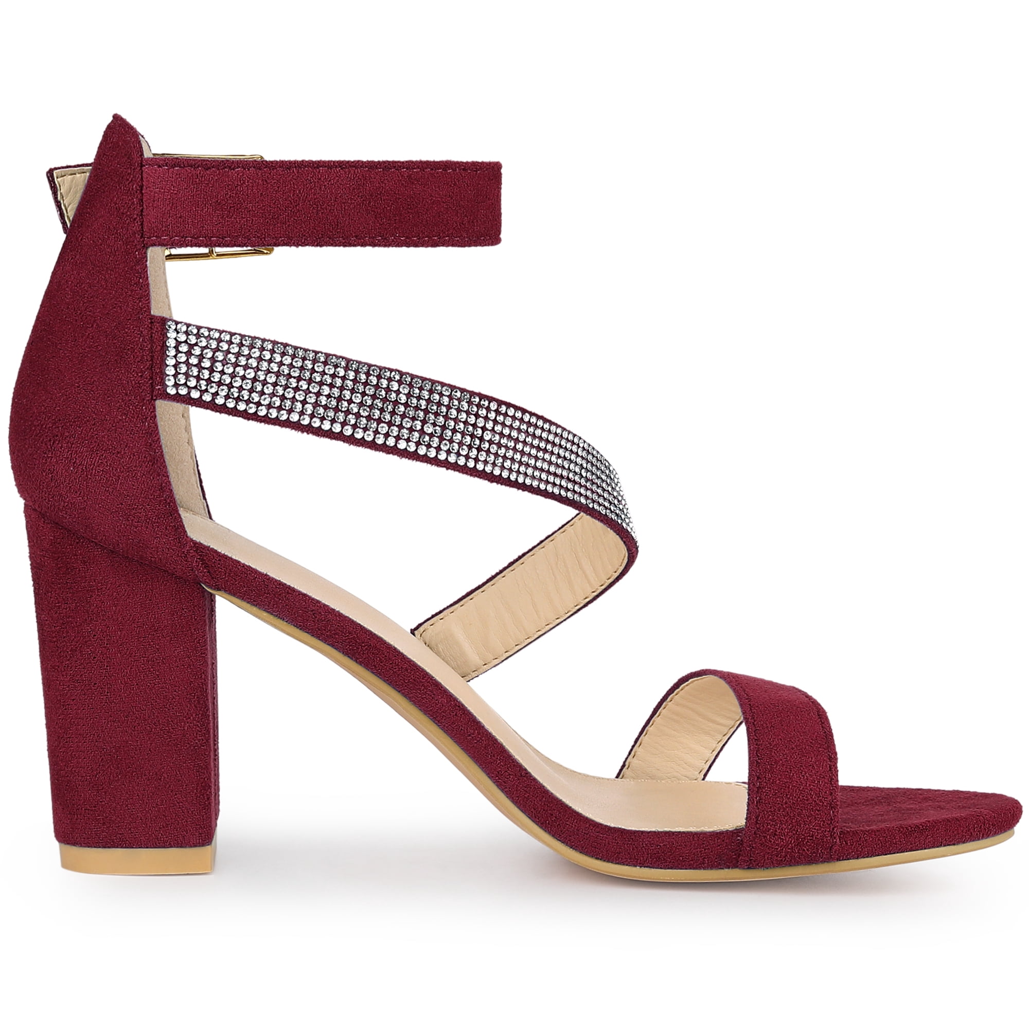 DARING DIVA Women's Rhinestone Block Heels Sandals for Casual and Party Burgundy 6.5