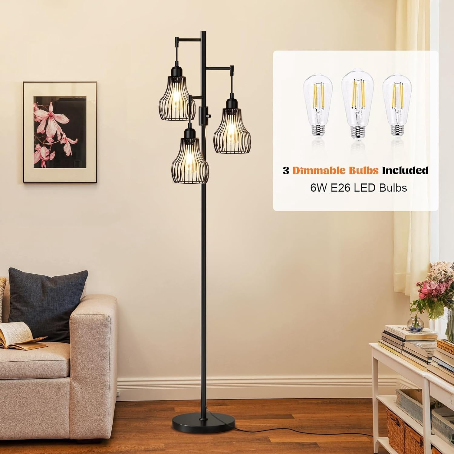 Floor Lamp, 3 x 800LM LED Edison Bulbs Included, Farmhouse Industrial Floor Lamp Standing Tree Lamp with Elegant Cage Tall Lamps for Living Room Bedroom Office - Black