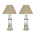 thumbnail image 1 of Set of 2 White and Grey Metal Lighthouse Table Lamps with Unique Real Shell Fillings and Rustic Burlap Shades for Nautical-themed Home Decor - 21.75 Inches High, 1 of 5