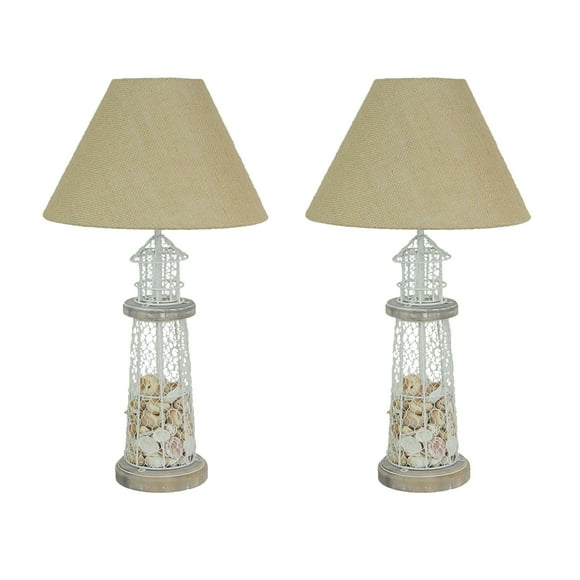 Set of 2 White and Grey Metal Lighthouse Table Lamps with Unique Real Shell Fillings and Rustic Burlap Shades for Nautical-themed Home Decor - 21.75 Inches High