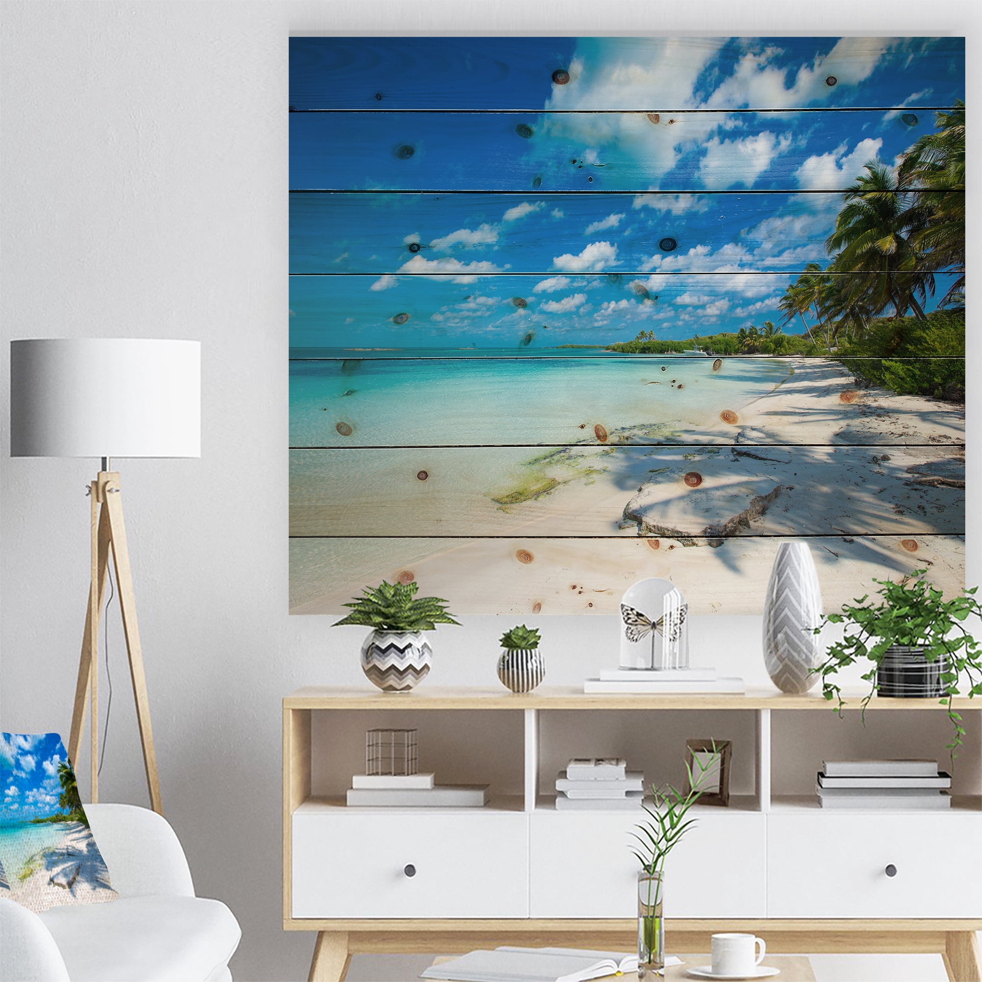 Designart 'Tropical Beach with Palm Shadows' Seashore Print on Natural Pine Wood