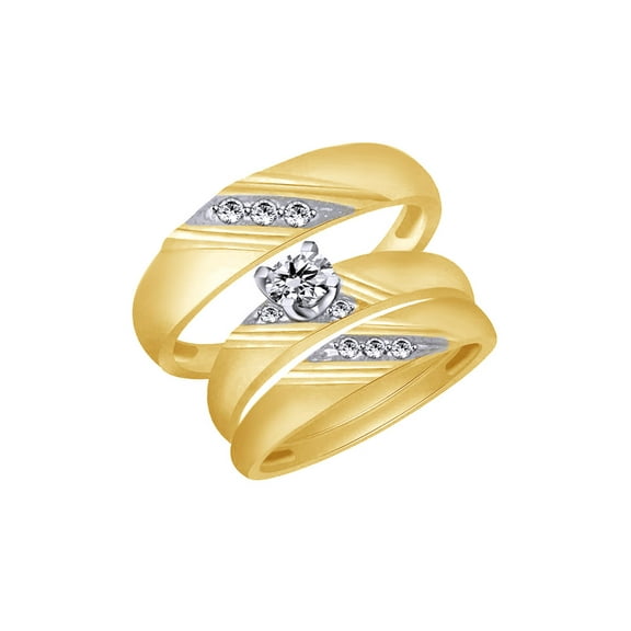 AFFY White Natural Diamond Accent Wedding & Engagement Trio Band Ring Set In 10k Yellow Gold (0.07 Cttw)