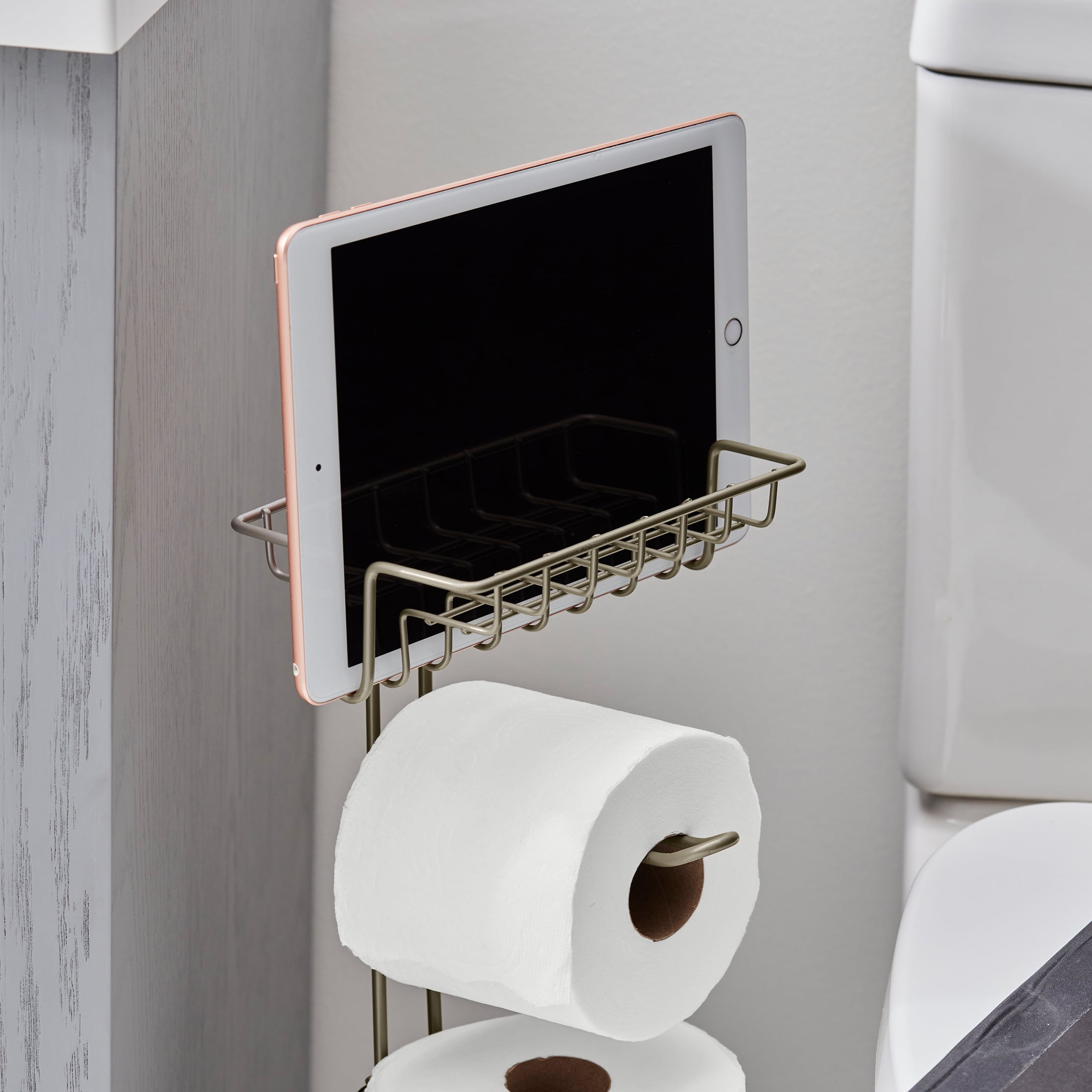 Better Homes & Gardens Free Standing Toilet Paper Holder and Reserves Satin Nickel, Fully Assembled