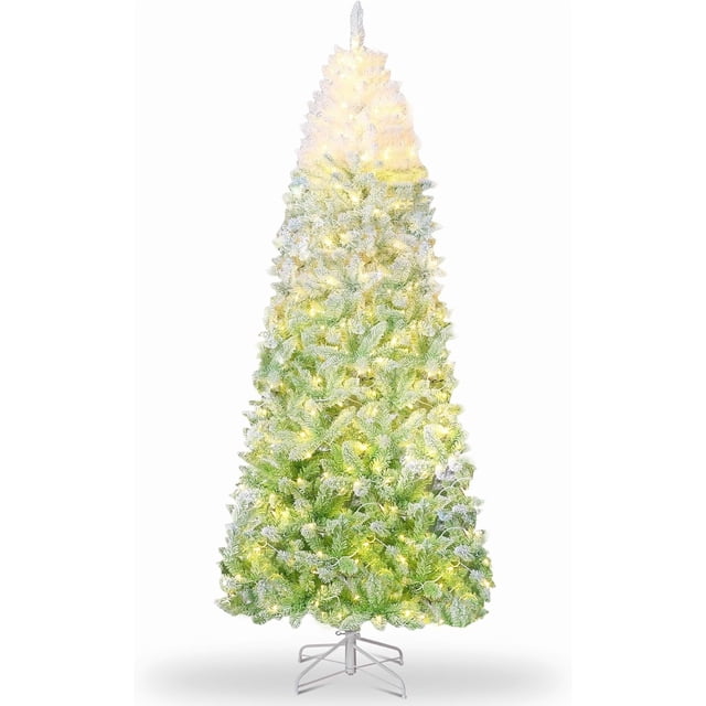 Pre-Lit Pencil Christmas Tree, Gradient Design Slim Christmas Tree with 2 Color Light and Metal Leg, Artificial Holiday Decoration Xmas Decor for Indoor Outdoor