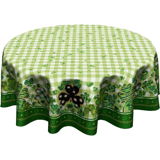 Happy St.Patrick''s Day Tablecloth Gold Green Buffalo Plaid Round Tablecloth 60 Inch Lucky Shamrock Table Cloth for Farmhouse Kitchen Decor Polyester Fabric Clover Table Cover for Party Outdoor