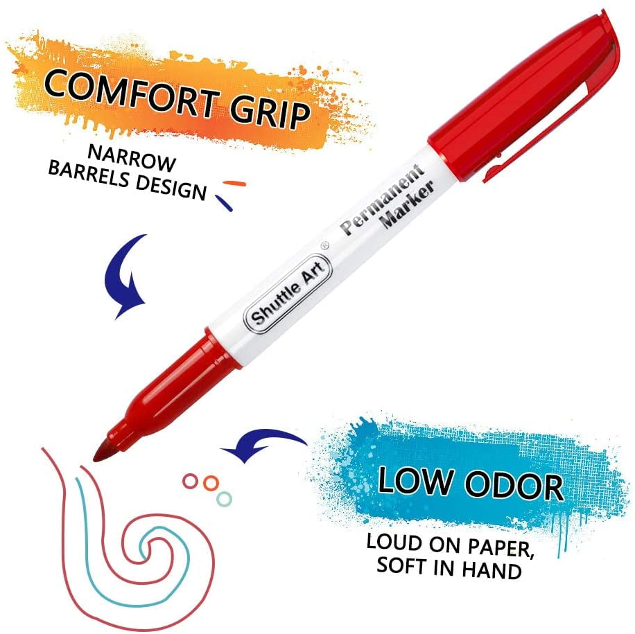 (3 pack) Permanent Markers, Shuttle Art 24 Colors Fine Point Assorted Colors Permanent Marker Set, Works on Plastic,Wood,Stone,Metal and Glass for Doodling, Coloring, Marking