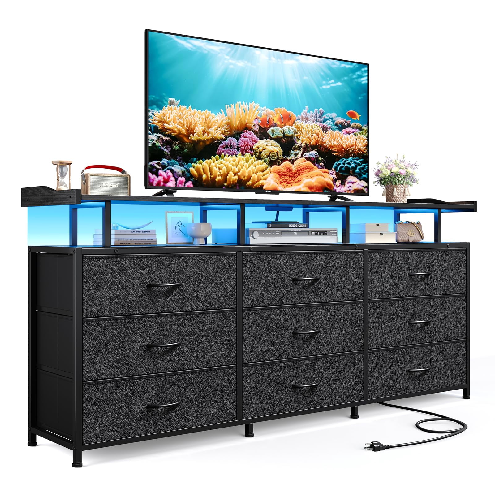 9 Drawers TV Stand Dresser for 65/75/50 inch TV, Entertainment Center, 63" W Large LED TV Stand with LED Lights & Power Outlets, TV Console for Bedroom,Black