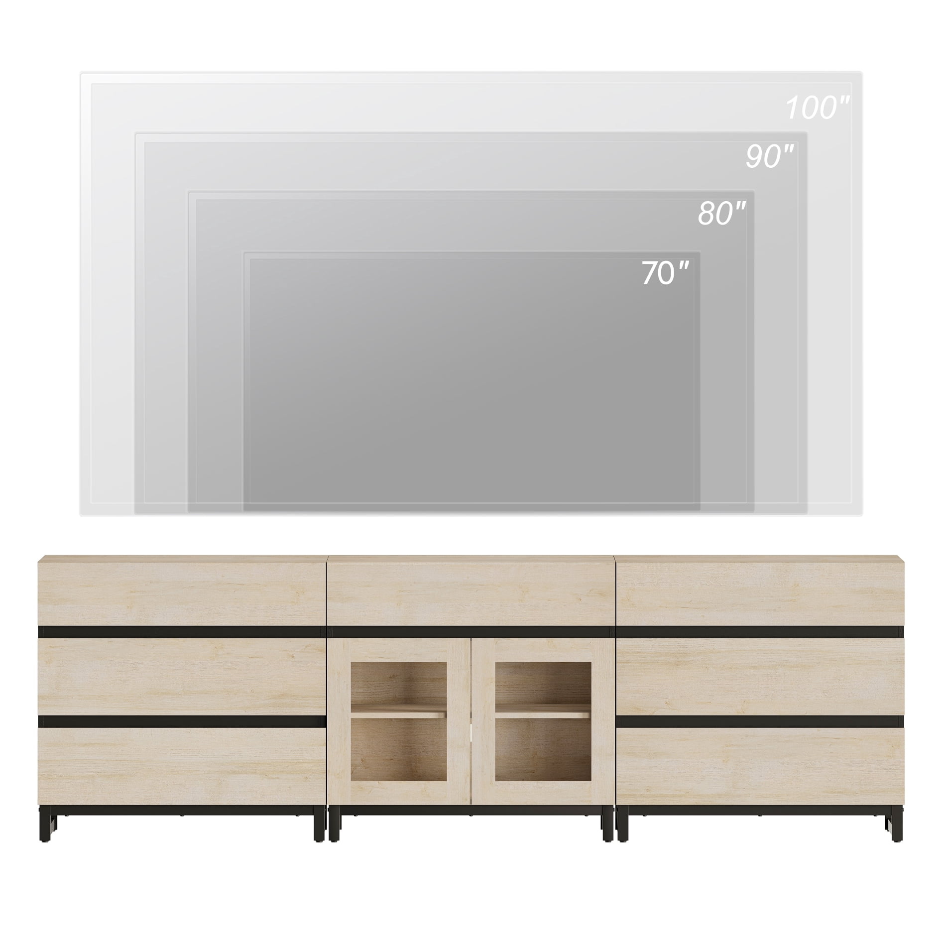 Modern TV Stand For Tvs Up To 100 Inch, 3 In 1 TV Console With Glass Doors And 7 Drawers, Media Console With Adjustable Shelf For Living Room, Bedroom,Beige