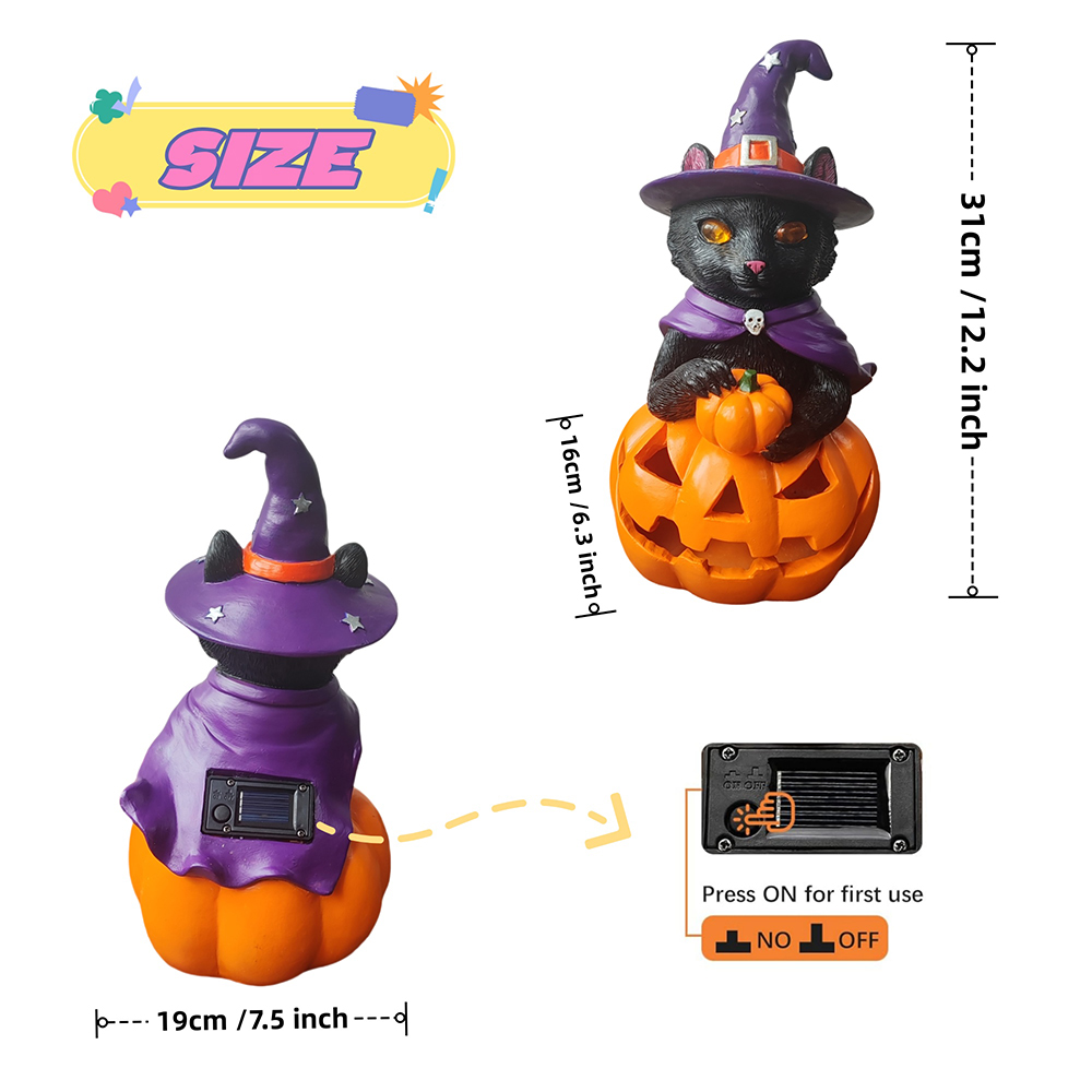 Halloween Decorations Solar Spooky Lights Outdoor Black Cat Pumpkin Figurine Light Garden Statue Decor for Outside Patio Front Porch Yard, Home Decor Gifts for Halloween