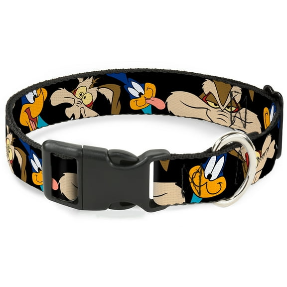 Looney Tunes Pet Collar, Dog Collar Plastic Buckle, Road Runner Wile E Coyote Expressions Close Up Black, 9.5 to 14.5 Inches 0.5 Inch Wide