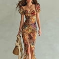 thumbnail image 2 of Morttic Women's Square Neck Puff Sleeve Floral Maxi Dress – Bohemian Elegant, Side Slit, Vacation & Wedding Outfit Multicolor，XS, 2 of 6