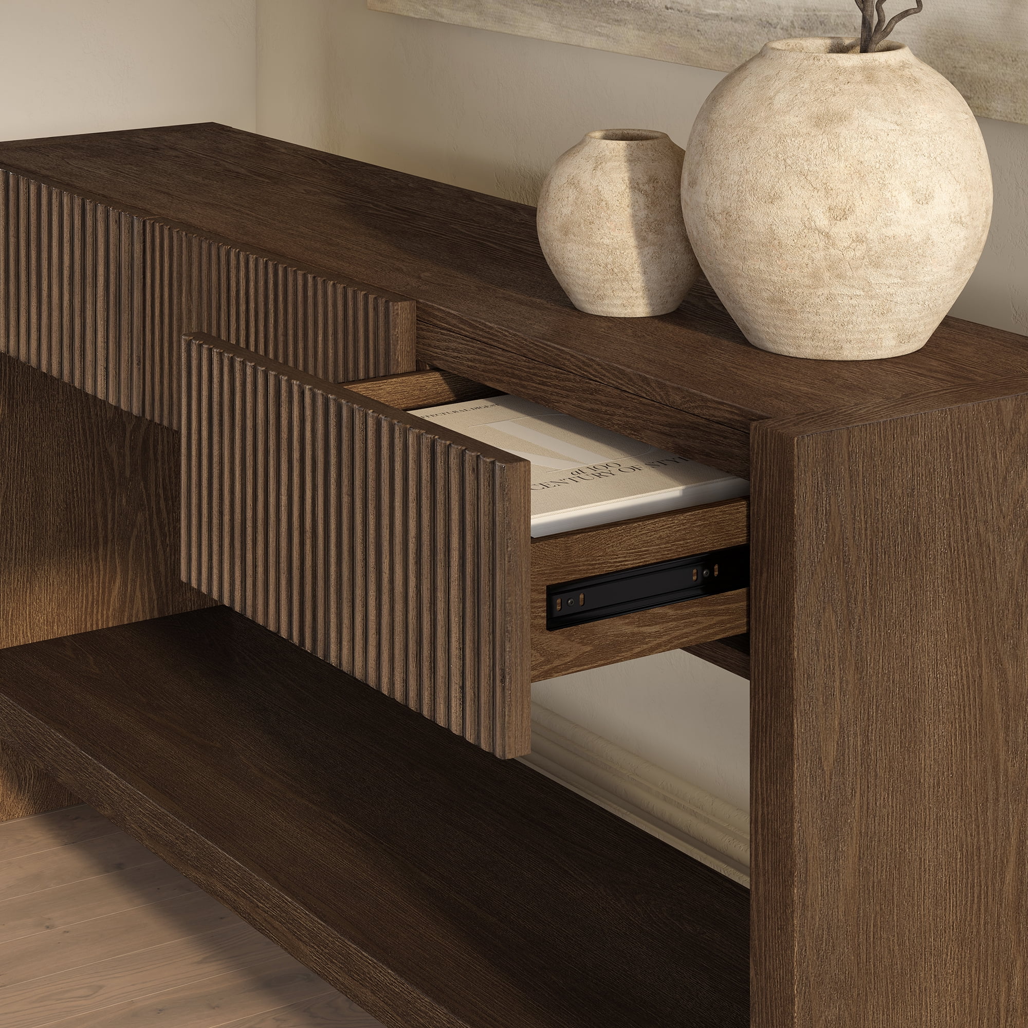 Evelyn&Zoe Modern/Contemporary 60" Wide Brown Oak Veneer Console Table