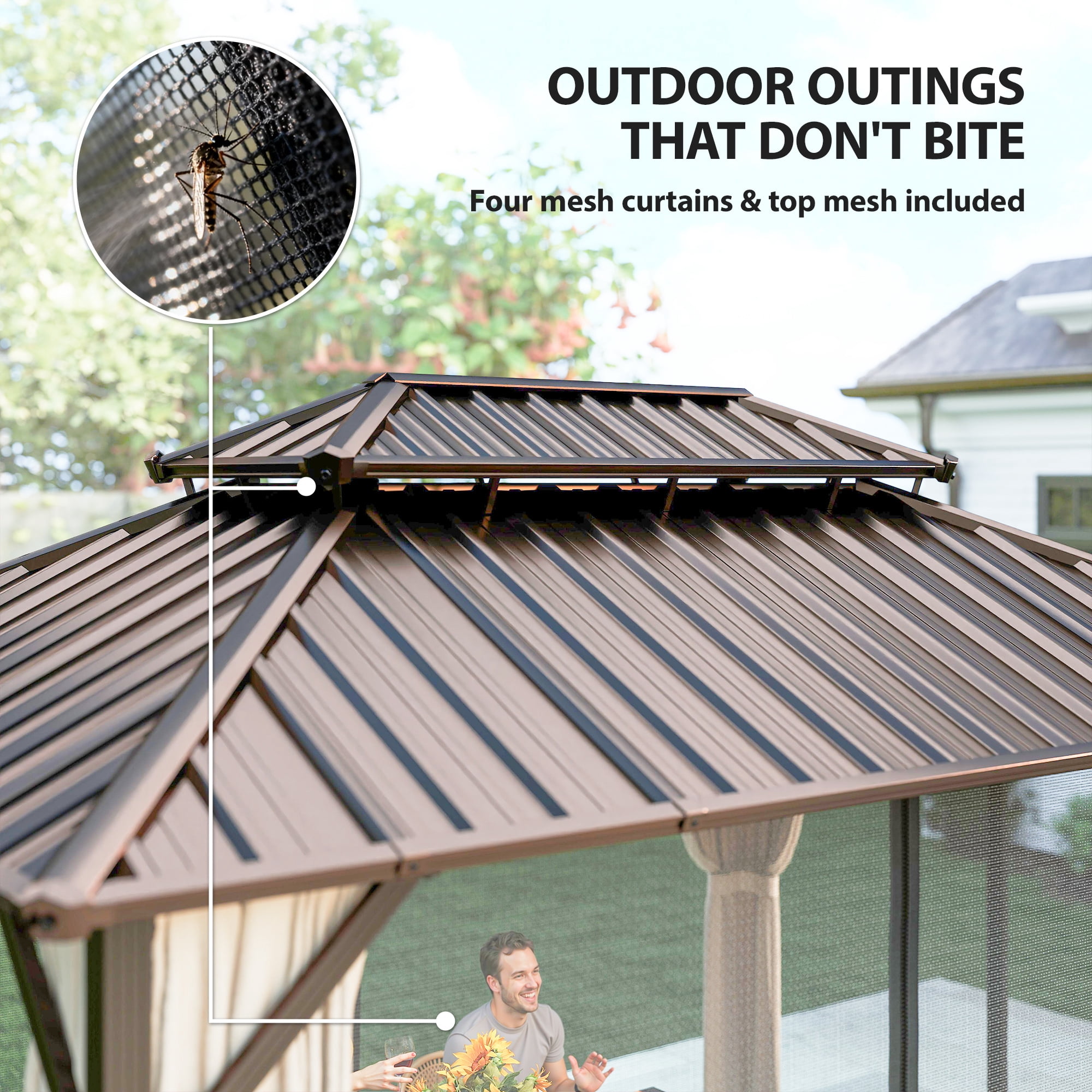 Outsunny 10' x 14' Hardtop Gazebo with UPF50+ Double Galvanized Steel Roof Canopy, Aluminum Frame Permanent Gazebo with Curtains, Netting, Brown