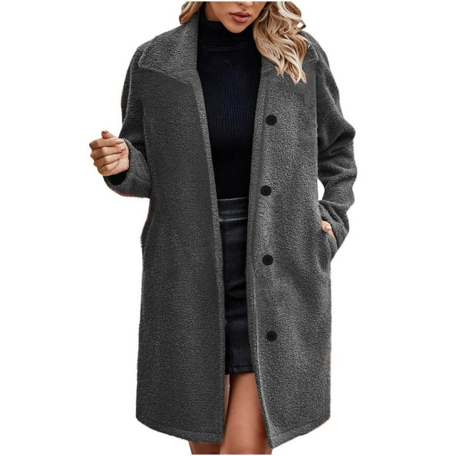 Lovzfmll Winter Coats for Women, Solid Color Button Front Coat, Plush Trench with Pockets, Winter Clothing