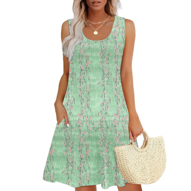Ovzne Robes d'Été pour Femmes Robe Femmes Décontractée Ample Été Robe Imprimée Sans Manches Col en V Haut/chemise Ensemble Grande Taille Robe Maxi Imprimée Liquidation