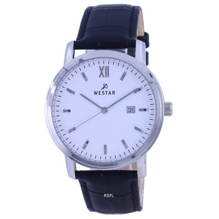 Westar 50244STN101 White Dial Leather Strap Quartz Men Watch, Black